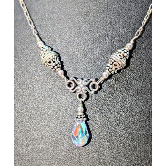 Vintage 925 Sterling Silver Beaded Chain Y Drop AB Crystal Teardrop Necklace - Picture 3 of 9